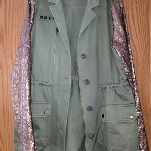 Womens Double Zero Jacket, L. Army Green with Gold Sequin sleeves
